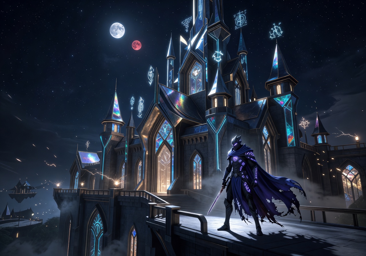 Cinematic view of a futuristic magical academy castle at night