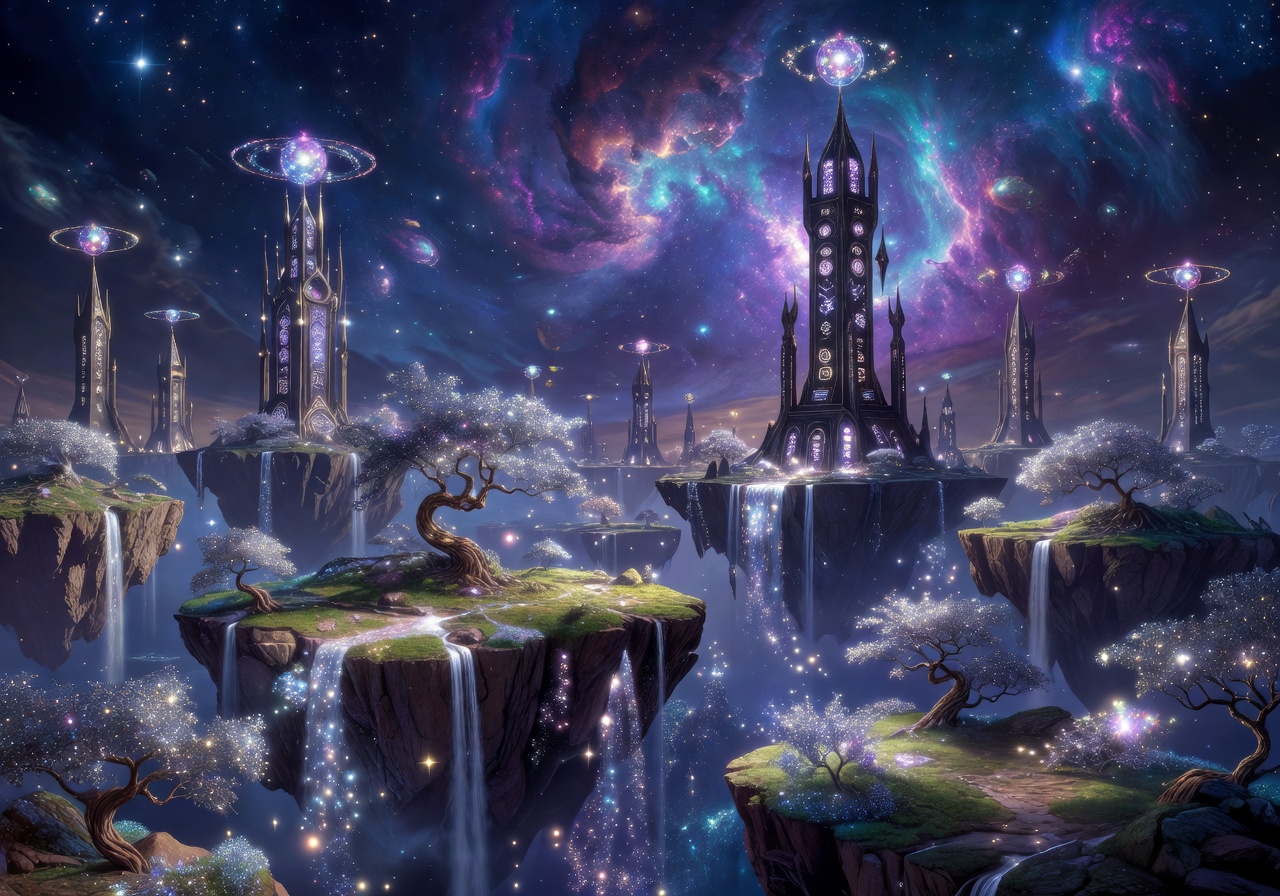 Floating islands and mage towers in a cosmic sky