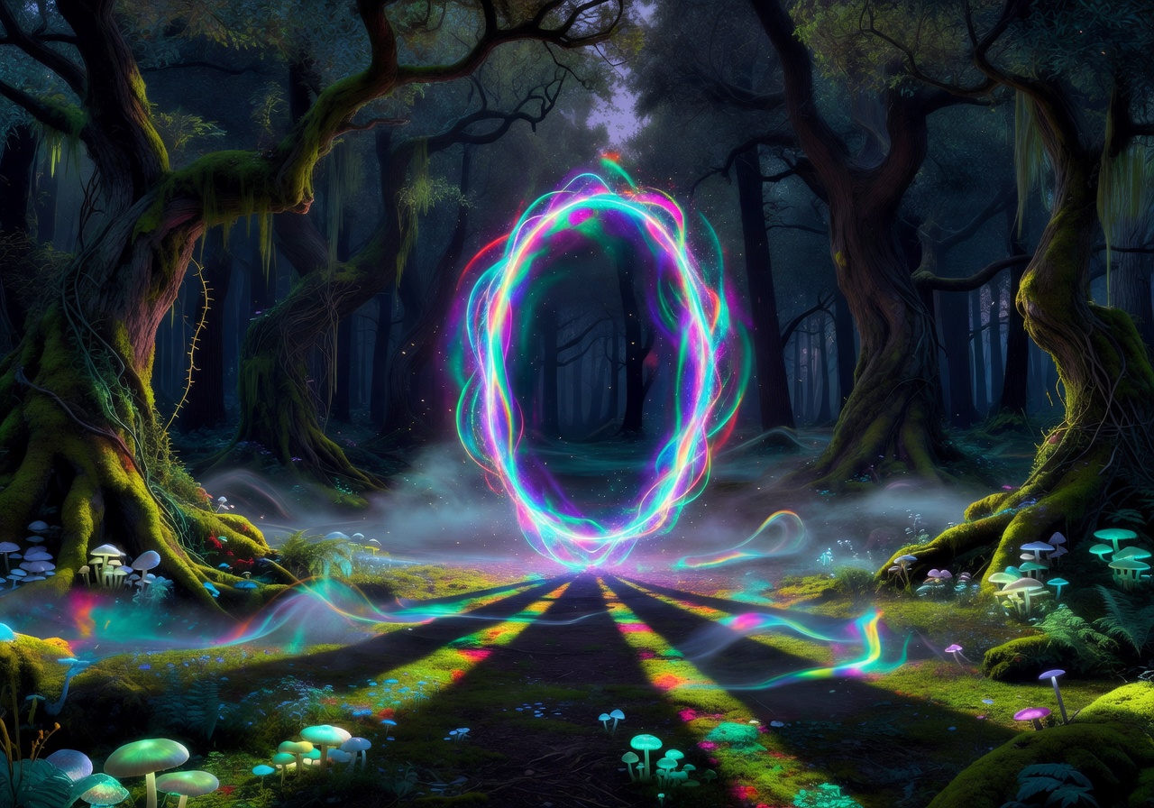 Neon glowing magical portal in an enchanted forest