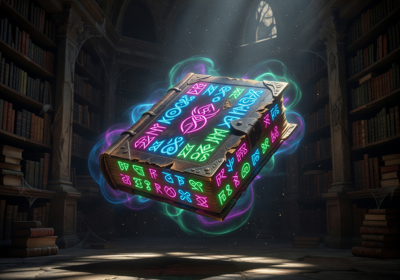 Glowing ancient spell book with neon runes floating